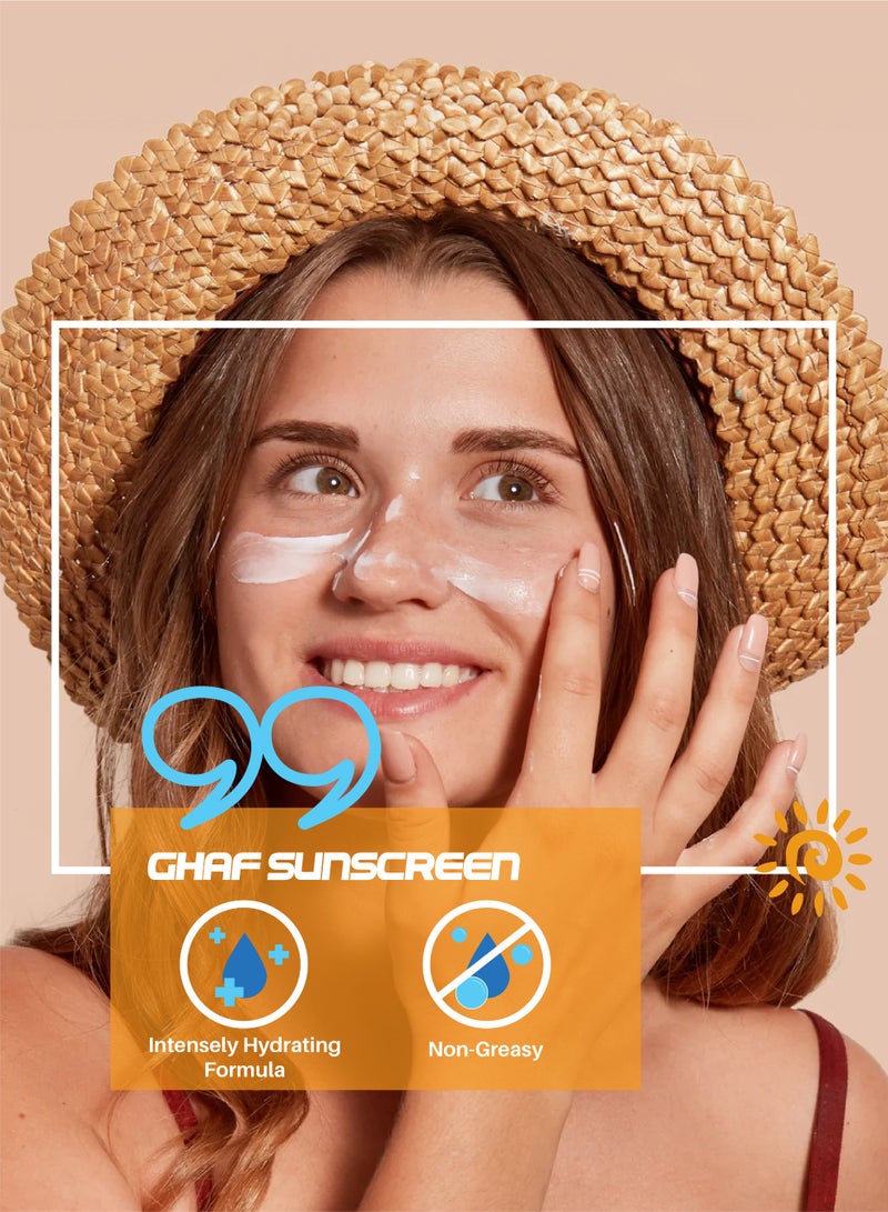 GHAF Sunscreen SPF 50 Cream – Broad Spectrum UVA/UVB Protection – Water Resistant – Invisible Finish – 100ml  Ghaf Sunscreen SPF 50 Cream is specially formulated to provide broad-spectrum protection against both UVA and UVB rays, helping to protect your skin from the effects of daily sun exposure. Its lightweight, fast-absorbing texture spreads easily and leaves an invisible, non-greasy finish, making it ideal for everyday use.  Designed for comfort and performance, this water-resistant sunscreen is suitable for outdoor activities, sports, and beach days. The formula stays in place even in humid conditions, helping maintain effective sun protection when you need it most.  Enriched with nourishing ingredients such as Shea Butter, Mango Seed Butter, and Vitamin E, Ghaf Sunscreen not only helps protect the skin but also supports moisture retention, leaving the skin feeling soft, smooth, and hydrated.  Suitable for all skin types, including sensitive skin, this sunscreen blends seamlessly - Image 4